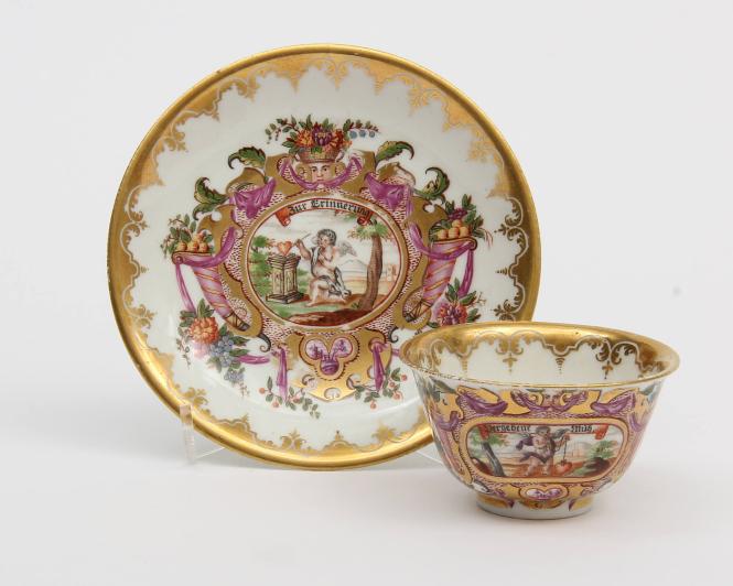 Tea bowl and saucer painted by J.F.Metzsch (d. 1766)