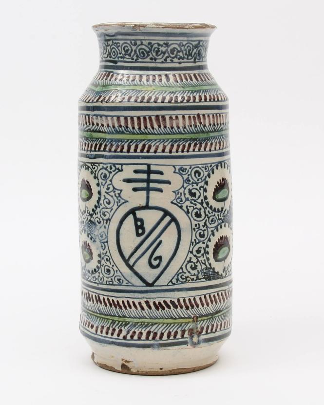 Albarello (drug jar) with unidentified pharmacy emblem