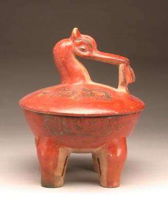 Water bird effigy lidded tripod vessel