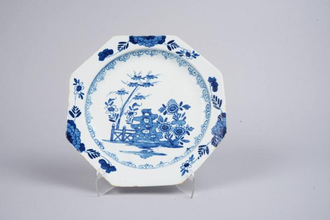 Octagonal Dish with Flowering Shurbs and Fence