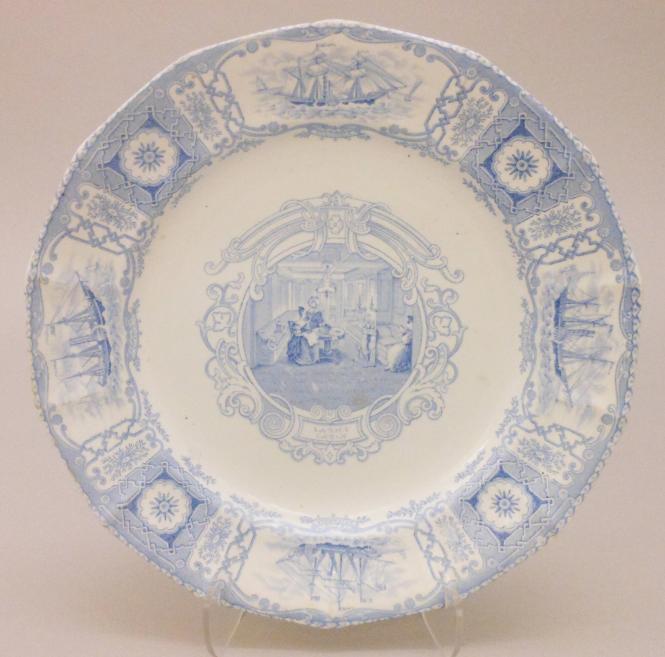 Plate with a view of the Ladies' Cabin, border with vignettes of steamships Acadia and Columbia (from the Boston Mails Series)